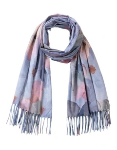 Floral Print Scarf With Fringe in Sky Blue