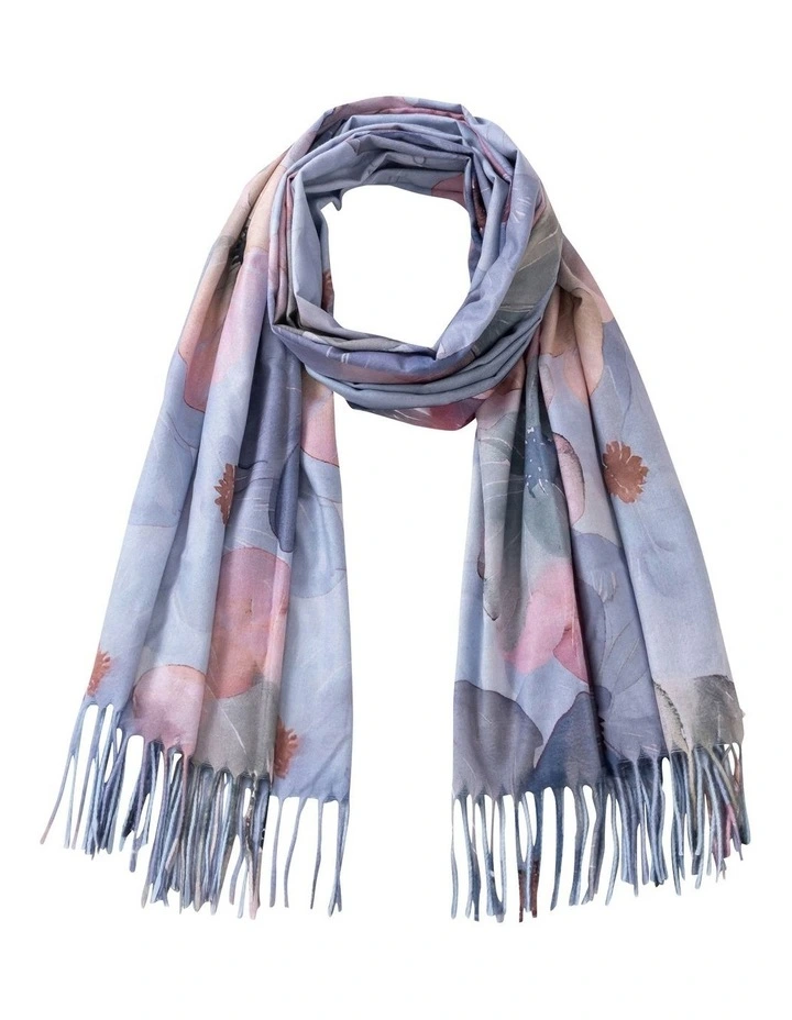 Floral Print Scarf With Fringe in Sky Blue image 1