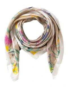 Floral Border Print Kerchief Scarf in Champagne