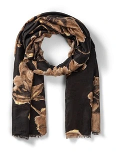 Floral Print Scarf With Foil Detail in Black