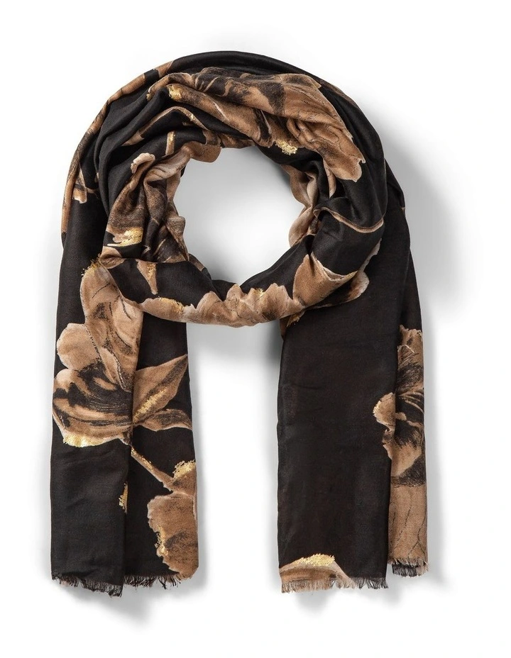 Floral Print Scarf With Foil Detail in Black image 1