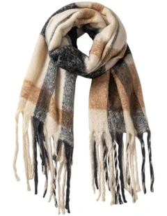 Plaid With Fringing Winter Scarf in Black/Ivory