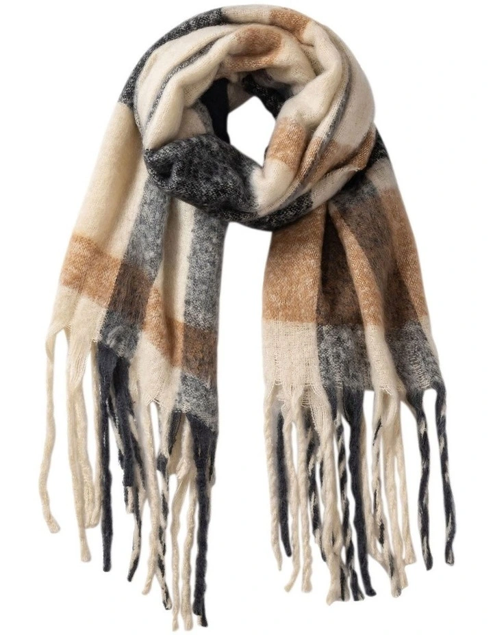 Plaid With Fringing Winter Scarf in Black/Ivory image 1