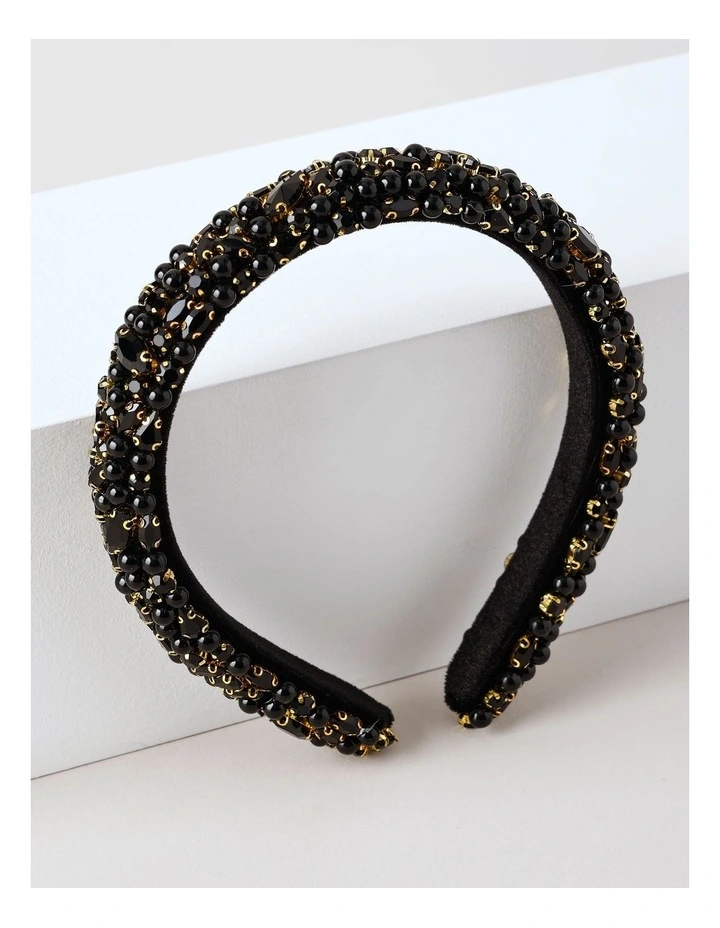 Diamante/Pearl Padded Headband in Black image 1