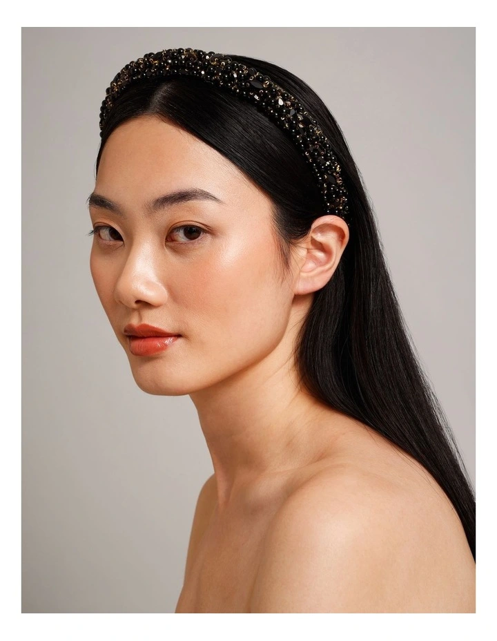 Diamante/Pearl Padded Headband in Black image 2