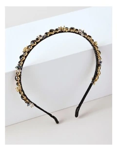 Thin Beaded Headband in Black