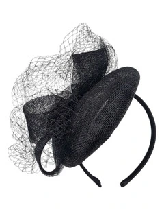 Large Sinamay Bow On Pillbox Fascinator With Veiling in Black
