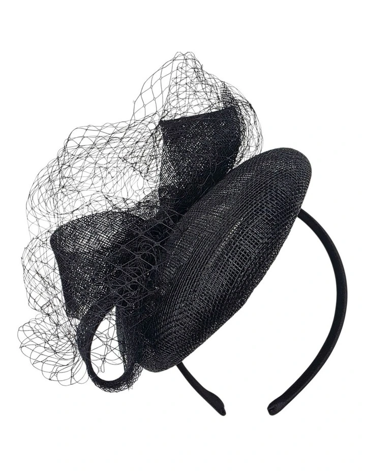Large Sinamay Bow On Pillbox Fascinator With Veiling in Black image 1