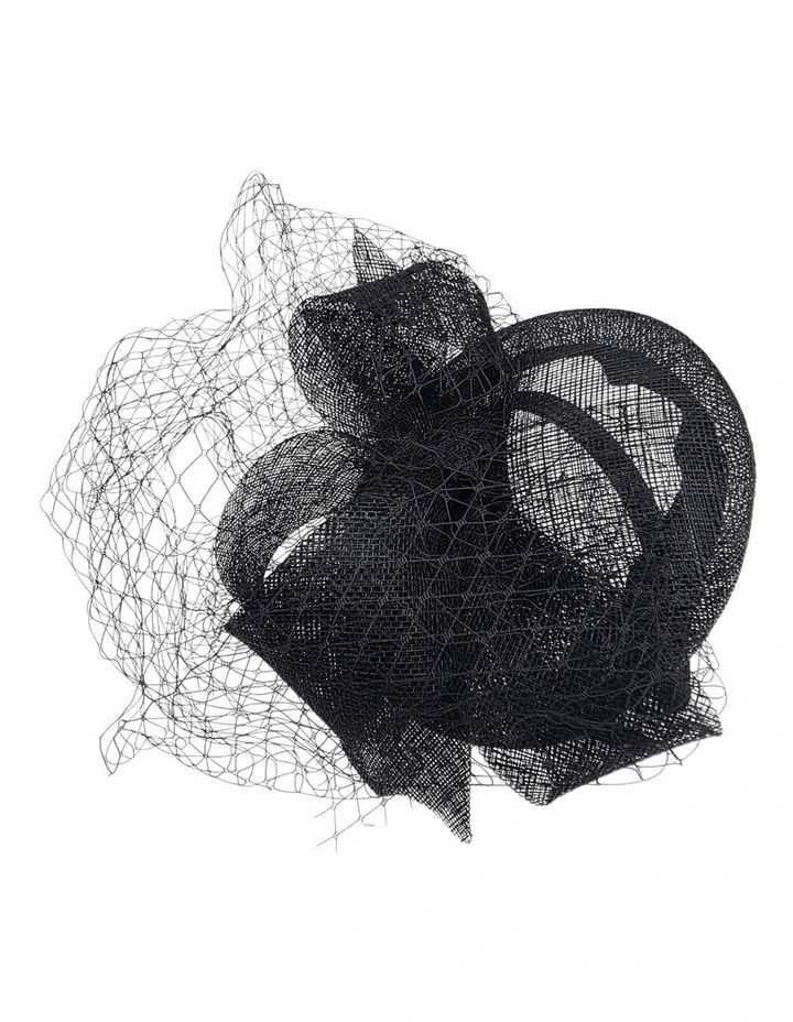 Large Sinamay Bow On Pillbox Fascinator With Veiling in Black image 2