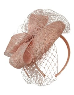 Large Sinamay Bow On Pillbox Fascinator With Veiling in Blush