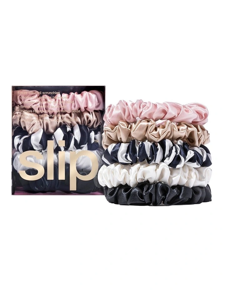 Pure Silk Midi Scrunchies Set of 5 in Multi image 1