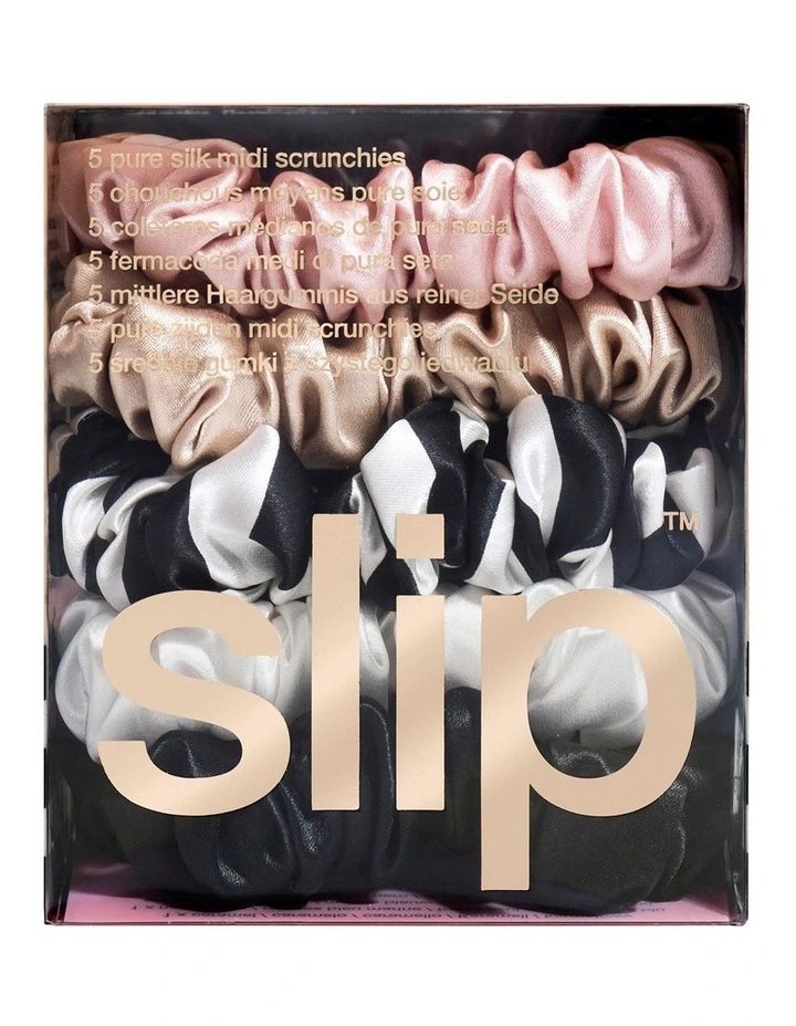 Pure Silk Midi Scrunchies Set of 5 in Multi image 4