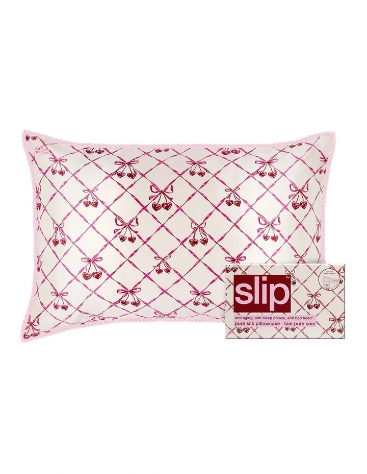 Pure Silk Queen Pillowcase with Lace Trim in Sweet Cherry image 1