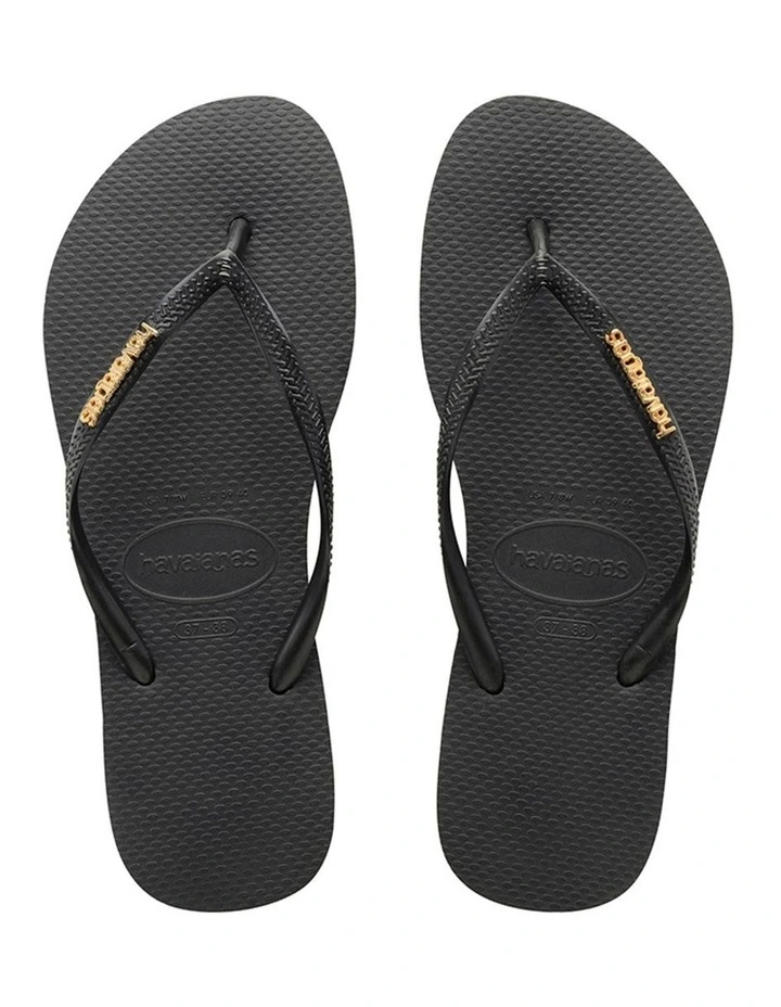 Slim Metal Logo Thongs in Black image 3