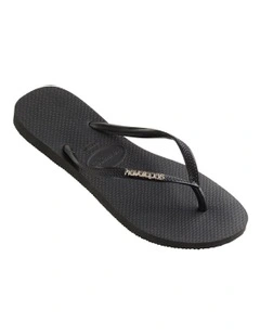 Slim Metal Logo Thongs in Black