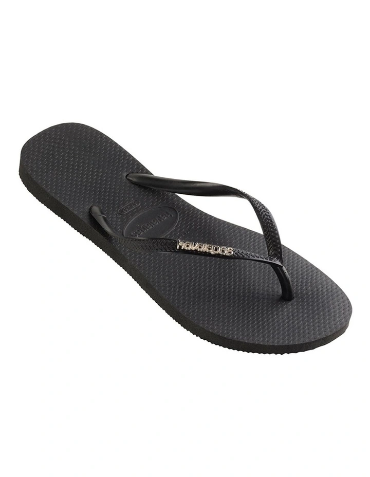 Slim Metal Logo Thongs in Black image 1