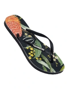 Slim Fauna Bush Flower Thongs in Black