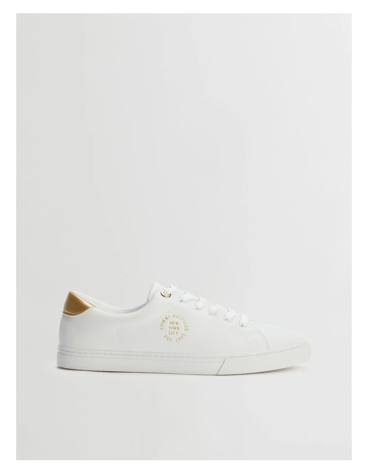 Metallic Gold Circular Logo Trainers in White image 1