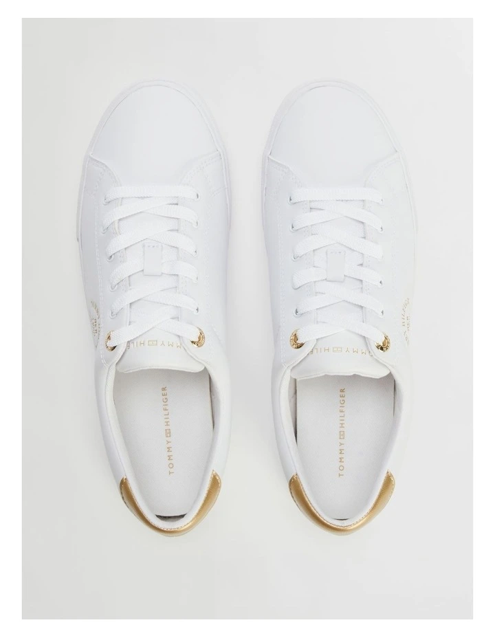 Metallic Gold Circular Logo Trainers in White image 2