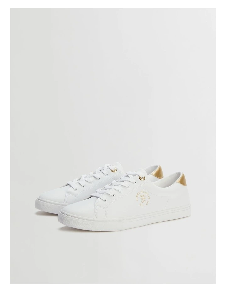 Metallic Gold Circular Logo Trainers in White image 3