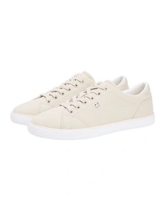 Low Profile Canvas Lace-Up Trainer Sneakers in Beige