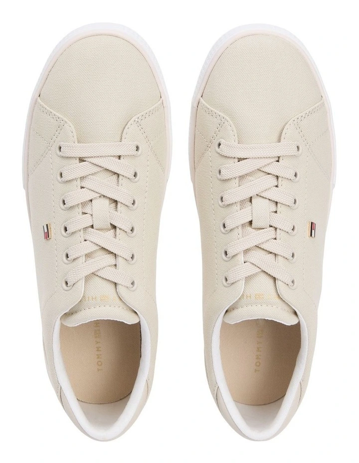 Low Profile Canvas Lace-Up Trainer Sneakers in Beige image 3