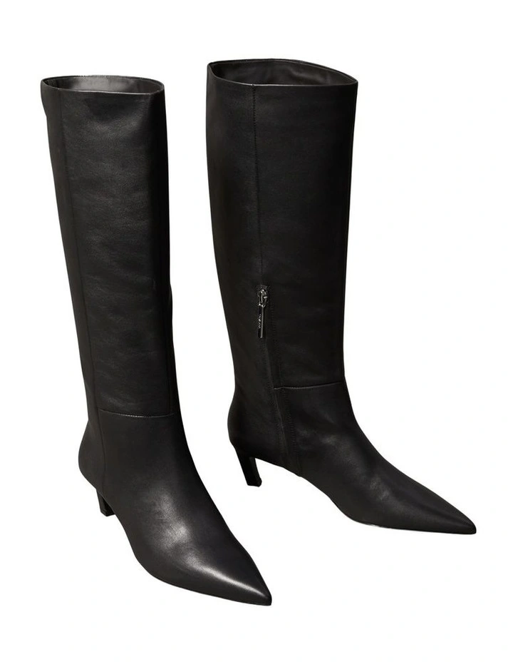 Leather Kitten Heel Tall Zip Boots in CK Black image 3