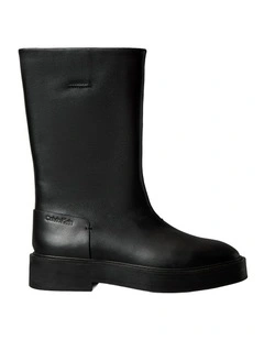 Leather Stacked Heel Boots in Black