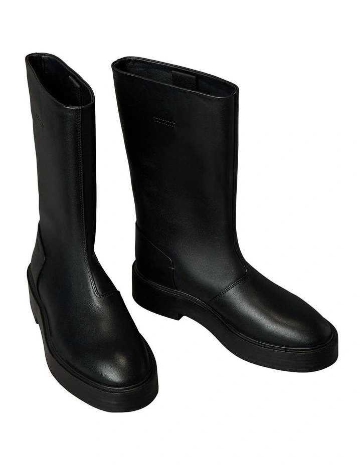 Leather Stacked Heel Boots in Black image 3