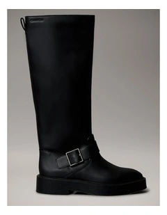 Leather Stacked Heel Biker Boots in Black
