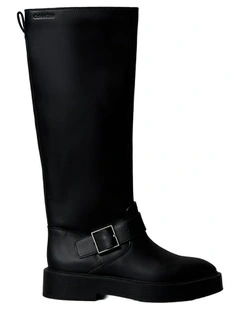 Leather Stacked Heel Biker Boots in Black