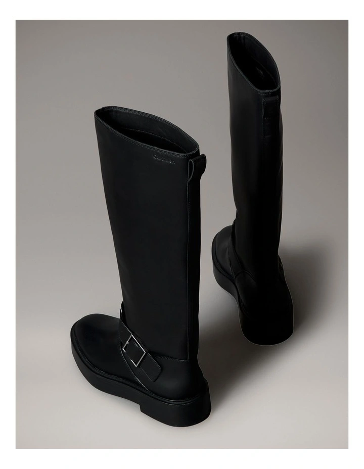 Leather Stacked Heel Biker Boots in Black image 2