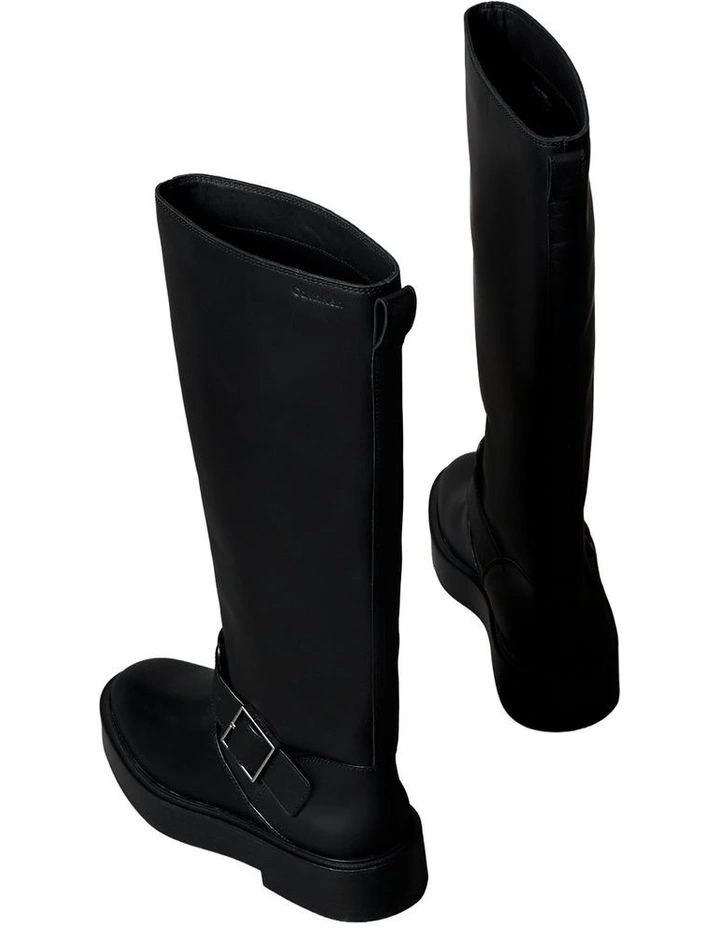 Leather Stacked Heel Biker Boots in Black image 2