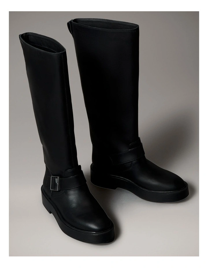 Leather Stacked Heel Biker Boots in Black image 3