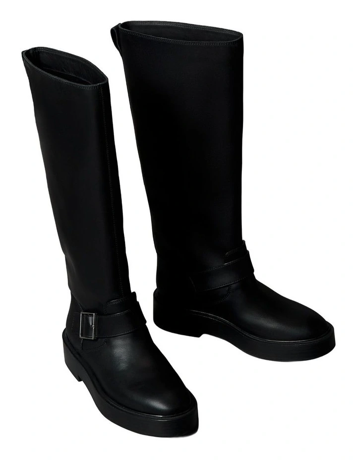 Leather Stacked Heel Biker Boots in Black image 3