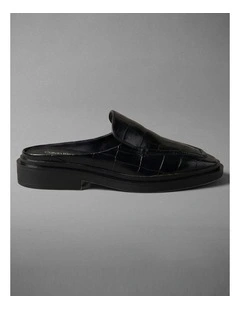 Calvin Klein Leather Croc-Effect Mules in Triple Black