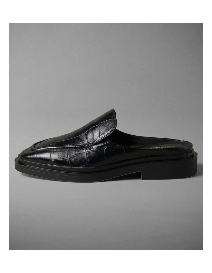 Calvin Klein Leather Croc-Effect Mules in Triple Black image 2