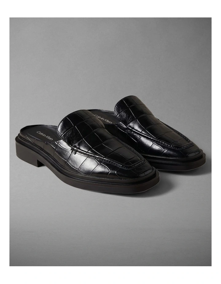 Calvin Klein Leather Croc-Effect Mules in Triple Black image 3