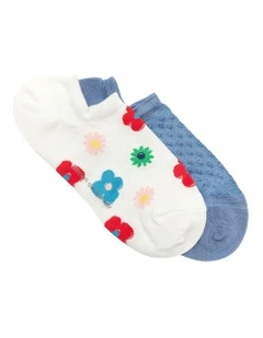 2 Pack Bamboo Patterned Low Cut Socks in Ivory/Blue