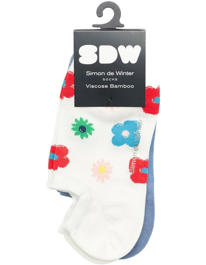 2 Pack Bamboo Patterned Low Cut Socks in Ivory/Blue image 2