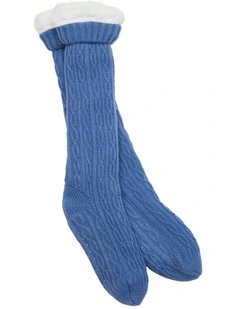 Sherpa Lined Cable Knit Knee Hi Home Socks 1 Pack in Blue