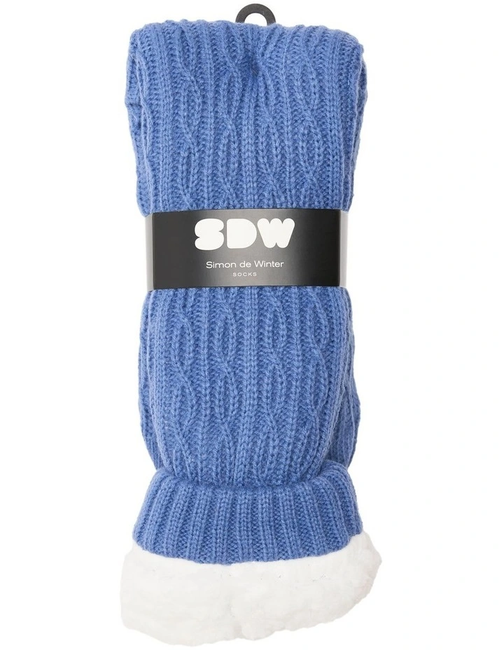 Sherpa Lined Cable Knit Knee Hi Home Socks 1 Pack in Blue image 2