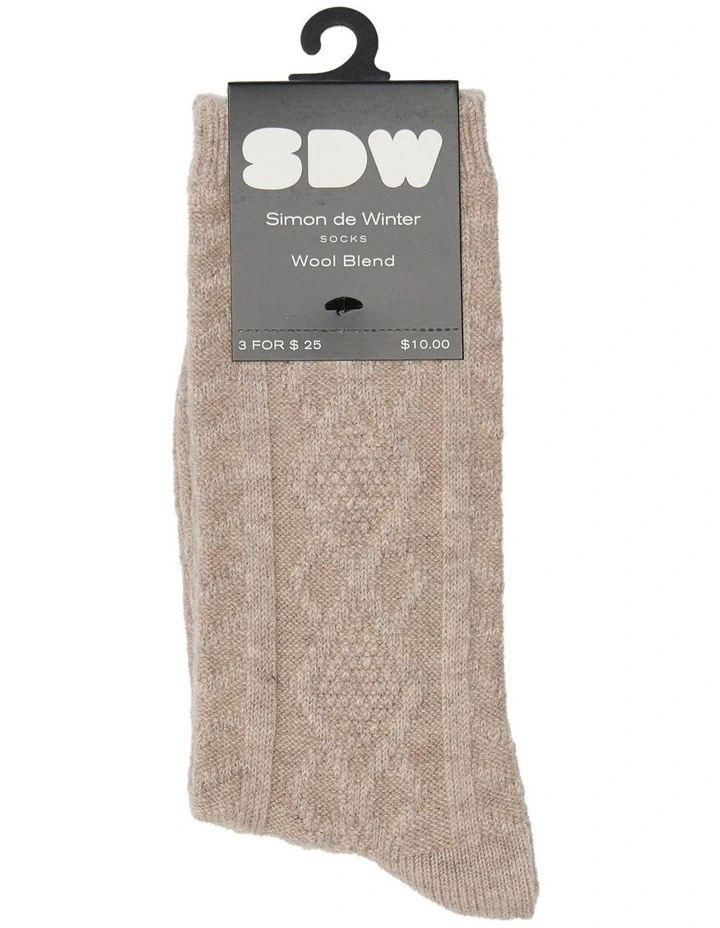 Textured Diamonds Wool Crew Socks 1 Pack in Sand Marle image 2