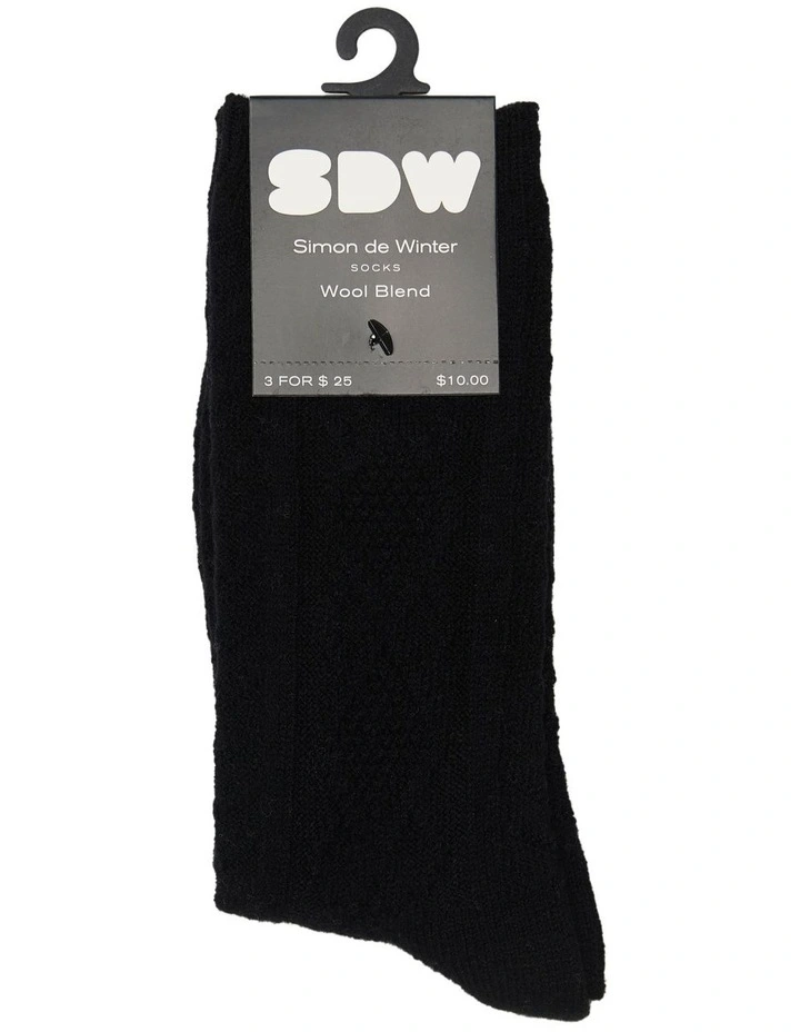 Textured Diamonds Wool Crew Socks 1 Pack in Black image 2