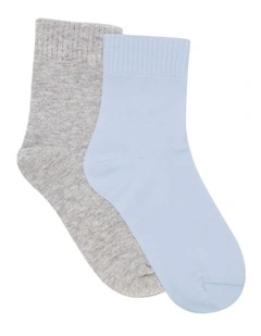 Organic Cotton Blend Rib Top Crew Sock 2 Pack in Grey Marle and Seaspray