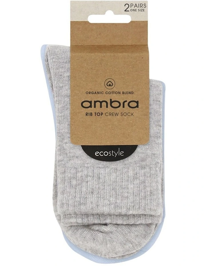Organic Cotton Blend Rib Top Crew Sock 2 Pack in Grey Marle and Seaspray image 2