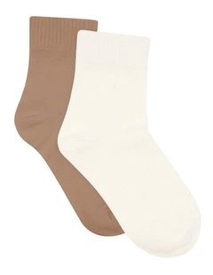 Organic Cotton Blend Rib Top Crew Sock 2 Pack in Buttercream and Husk