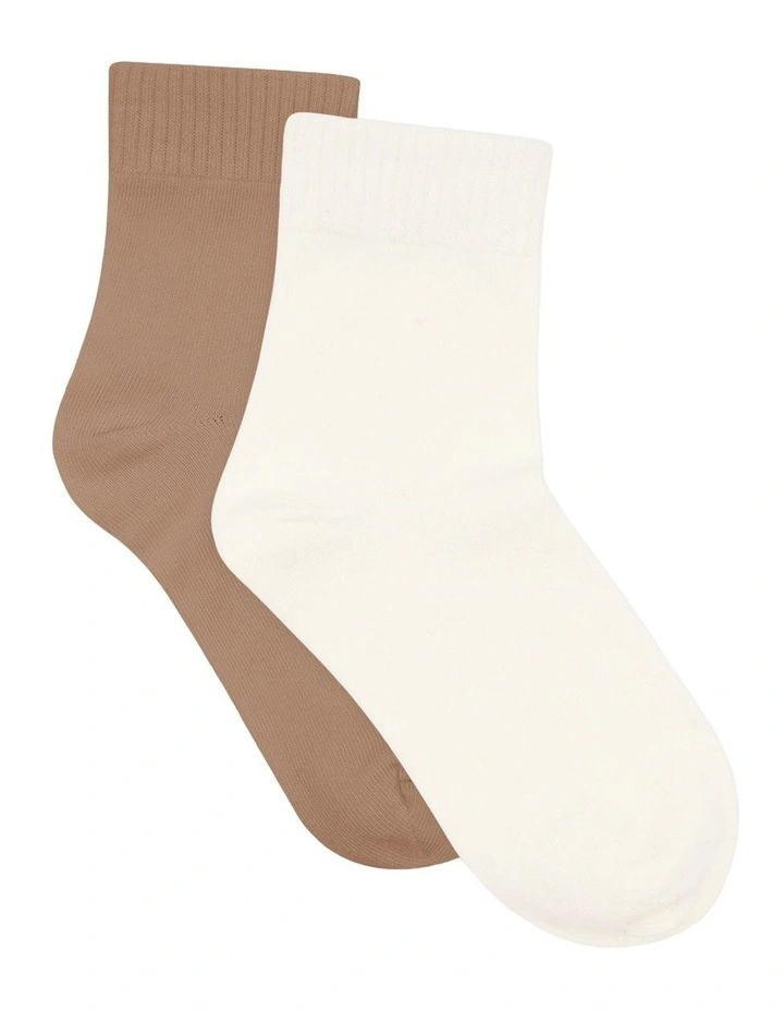 Organic Cotton Blend Rib Top Crew Sock 2 Pack in Buttercream and Husk image 1