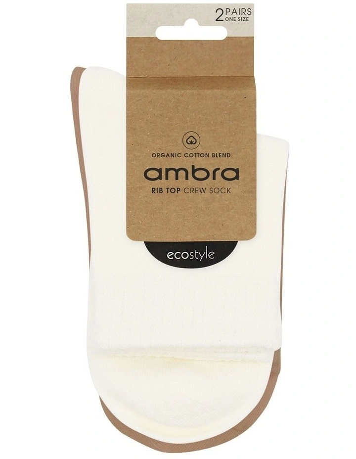 Organic Cotton Blend Rib Top Crew Sock 2 Pack in Buttercream and Husk image 2