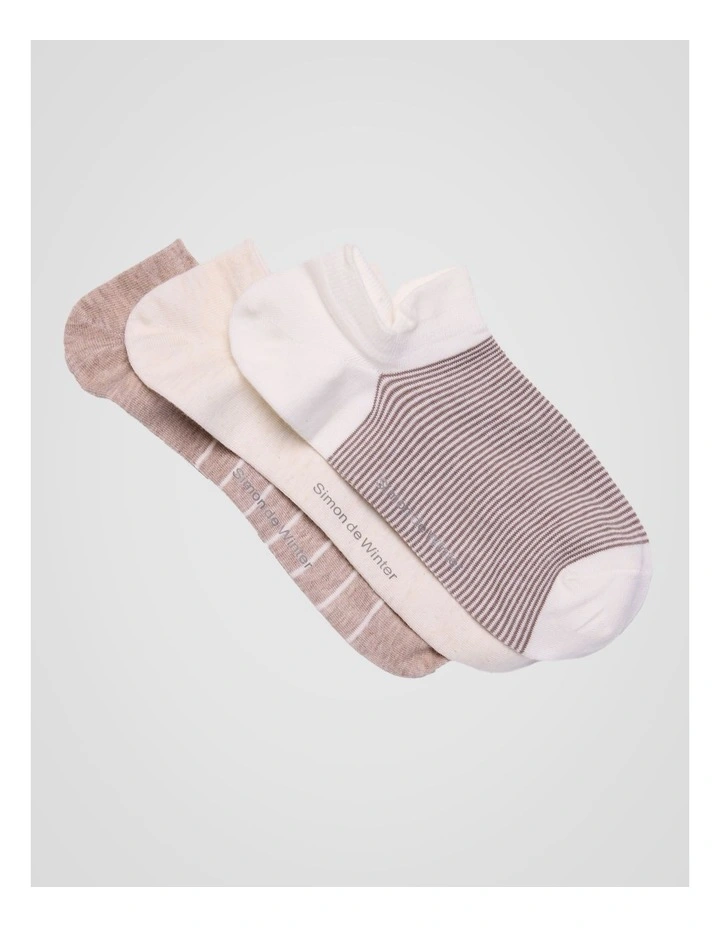 3 Pack Multi Striped Invisible Socks with Tab in Ivory, Almond Marle and Grey Sand image 1